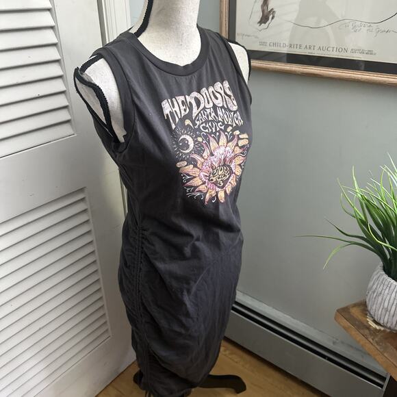 THE DOORS Dress Womens Medium Gray Sleeveless Ruched Santa Monica Graphic Retro - Picture 3 of 12